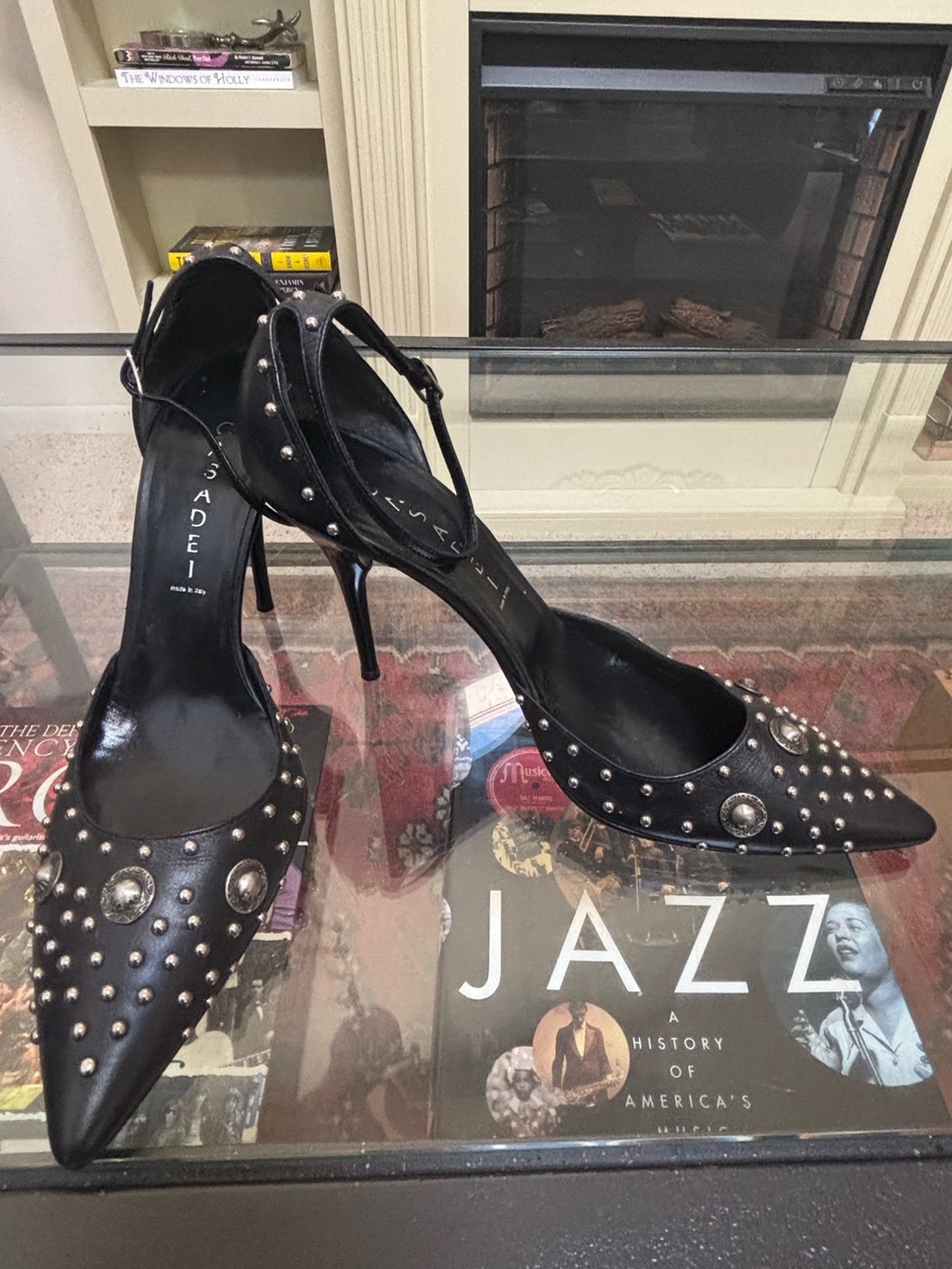 🔥 Casadei Studded Black Leather Pointed Ankle Strap Pumps Heels Luxury Italy
